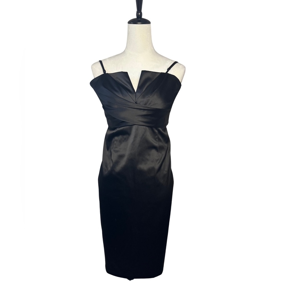 Black Satin Bodycon Cocktail Dress Quiet Luxury Date Night Midi 4 - Picture 4 of 9